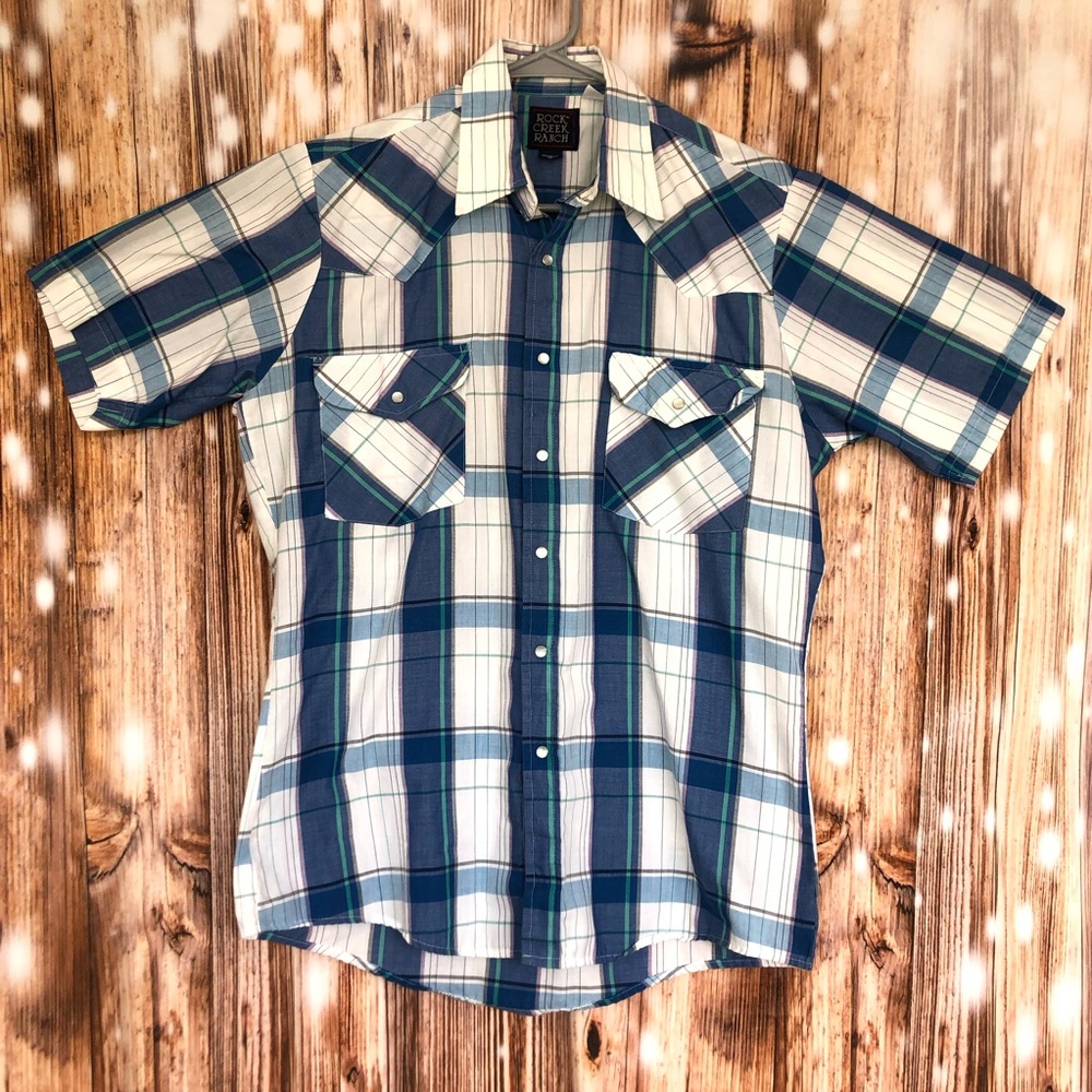 Vintage Rock Creek Ranch Blue Plaid Button Up Short Sleeve Collared Shirt